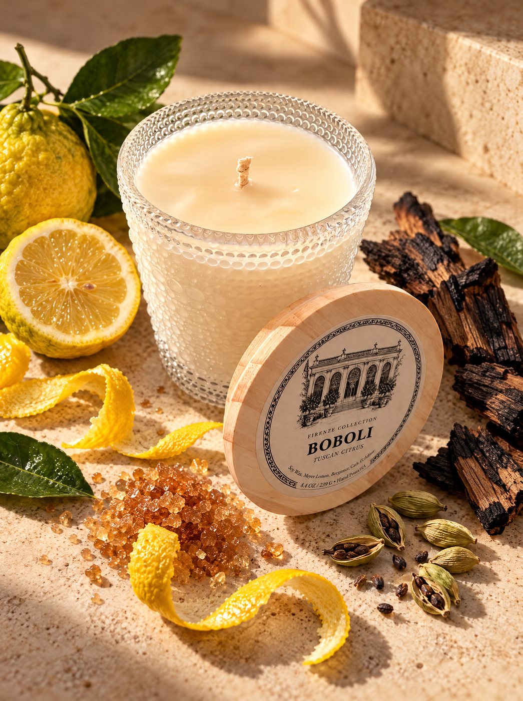 Boboli candle with its wooden lid, Meyer lemons, lemon peel, amber sugar, charred oak and cardamom