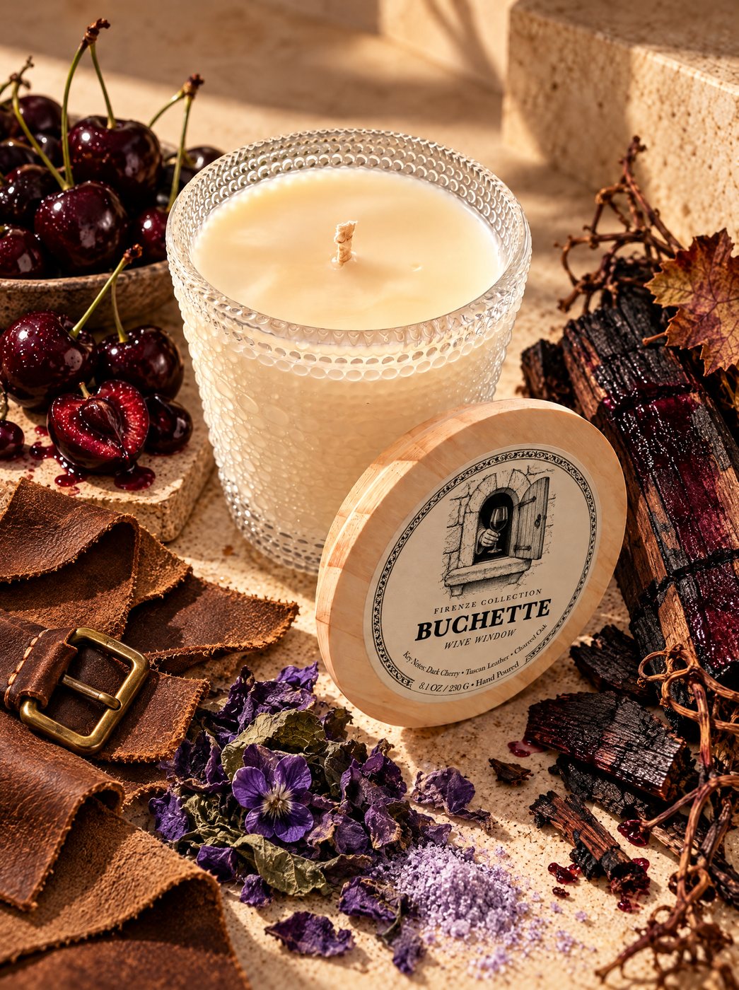 Buchette candle with its wooden lid, dark cherries, leather, charred oak and dried violets