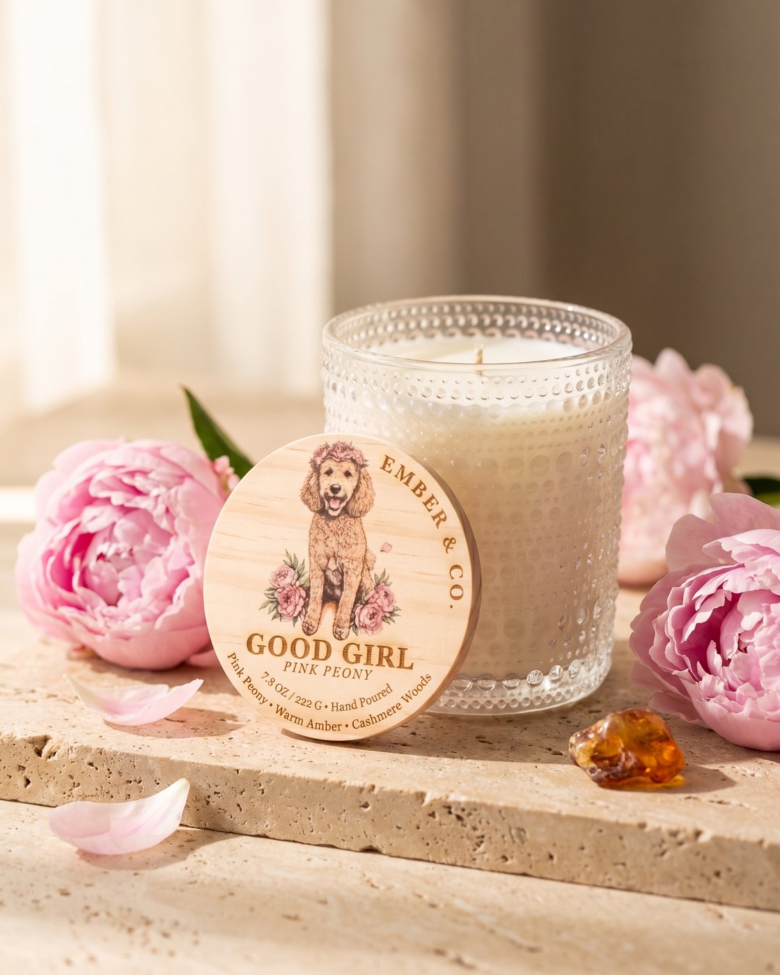 Good Girl label, Ember in a peony crown