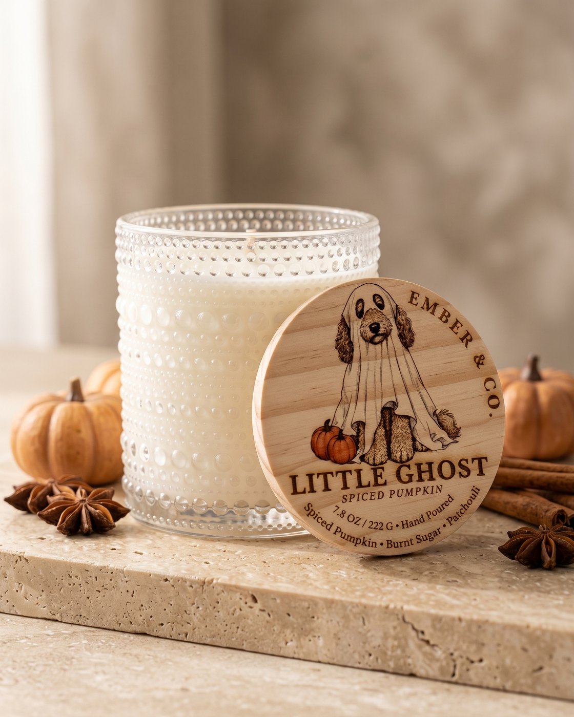 Little Ghost label, Ember the doodle under a sheet beside two pumpkins