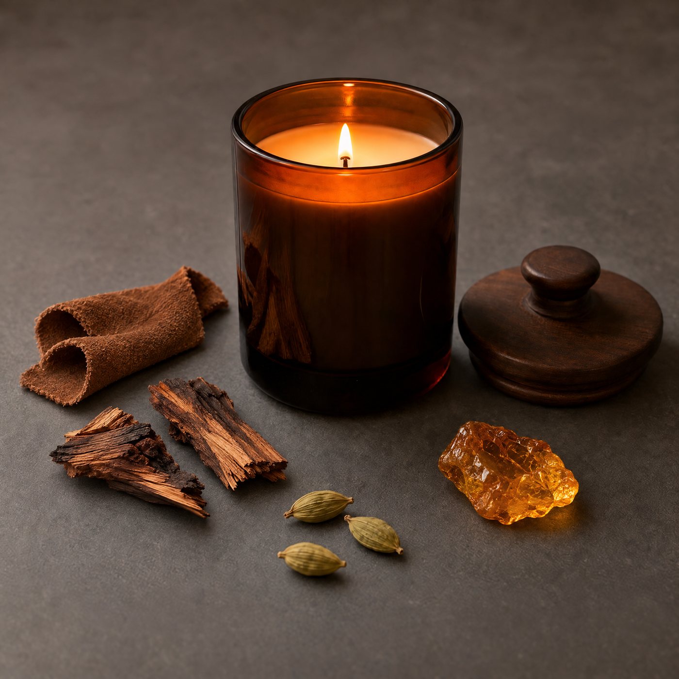 No. 14 candle, lit, with worn suede, smoked cedar chips, cardamom pods and a piece of amber resin