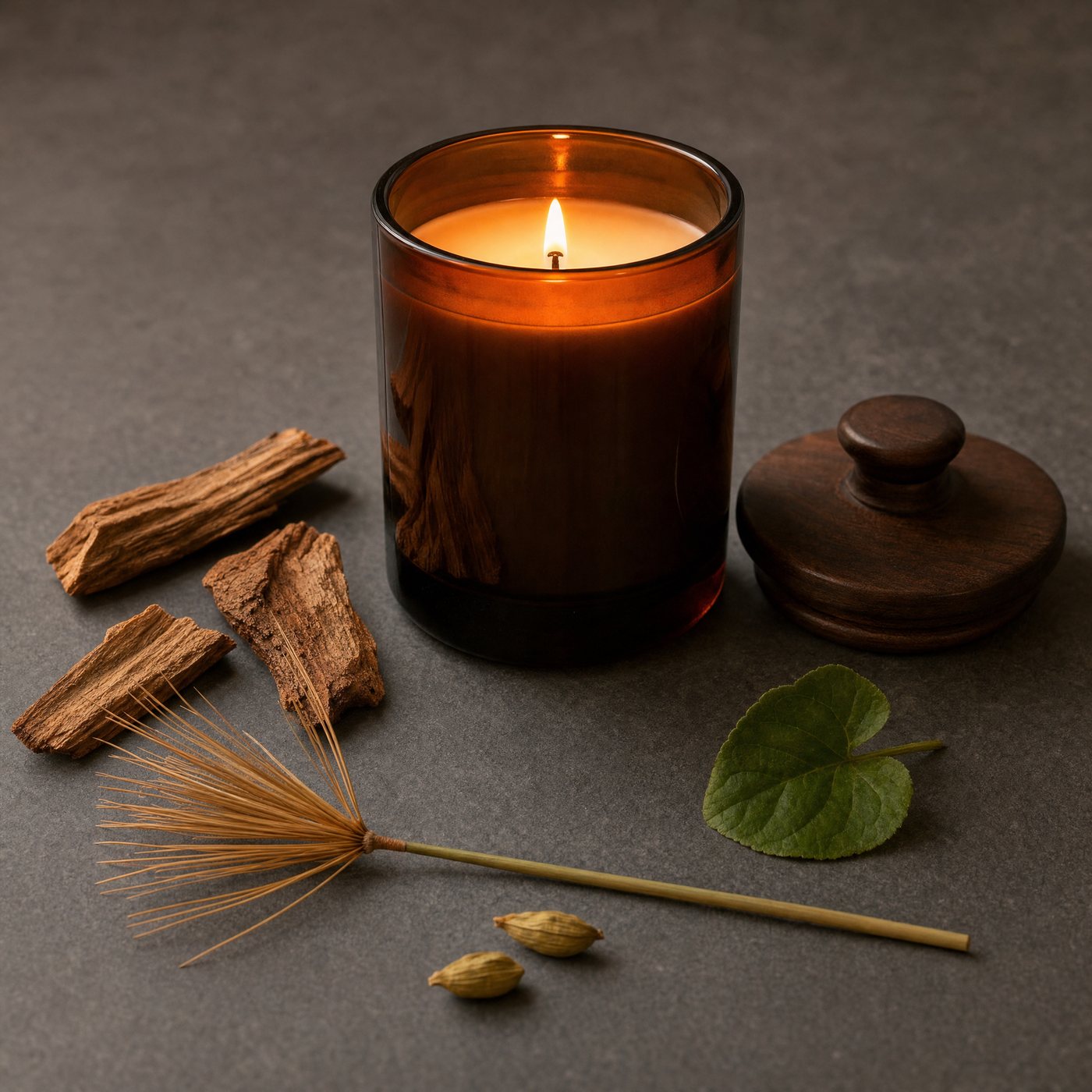 No. 33 candle, lit, with cedar bark, a papyrus stem, cardamom pods and a violet leaf