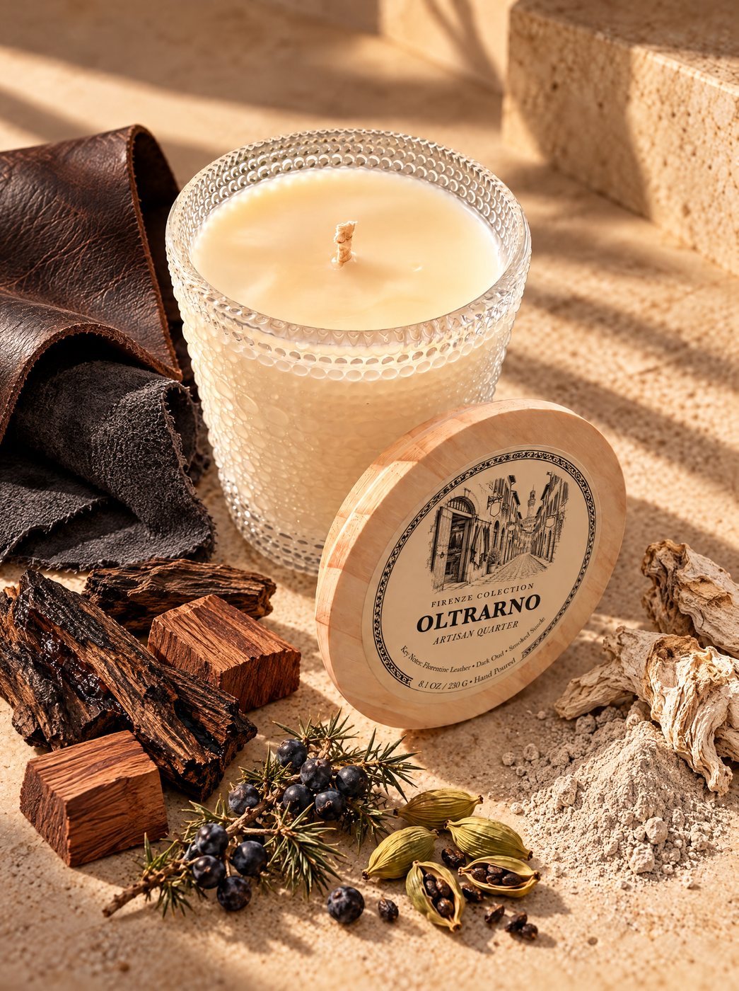 Oltrarno candle with its wooden lid, leather, oud chips, juniper berries, cardamom and orris root