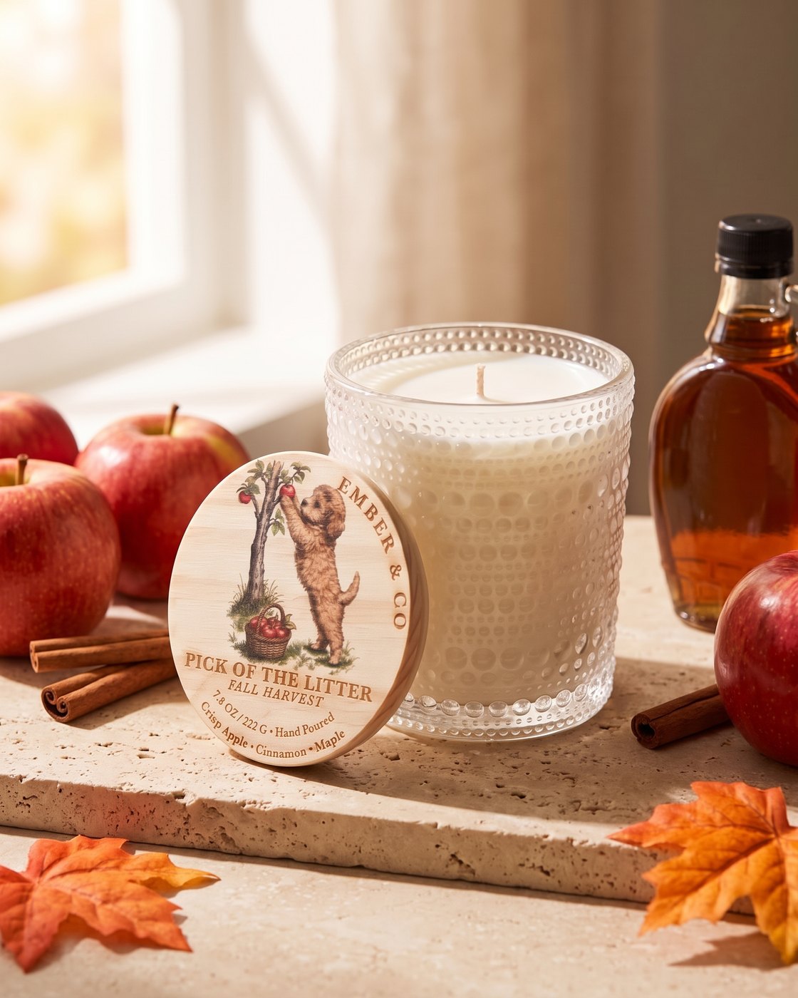 Pick of the Litter candle with its wooden lid, red apples, cinnamon sticks, maple syrup and maple leaves
